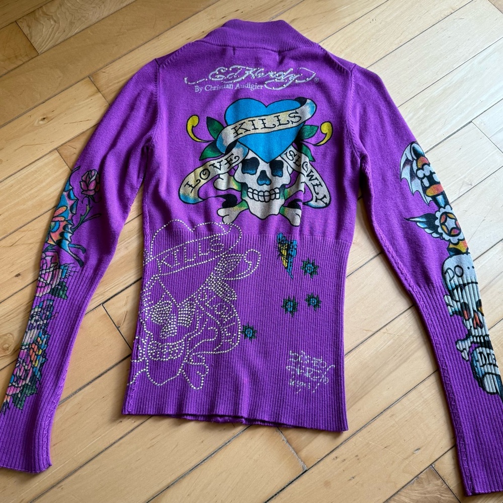 Ed Hardy by Christian Audigier Purple Stretchy Top Sweater Light Jacket XS